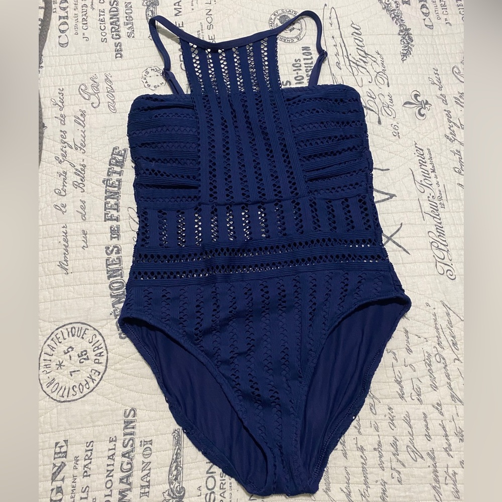 Kenneth Cole New York Women's High Neck Bandeau One Piece Swimsuit Blue Medium